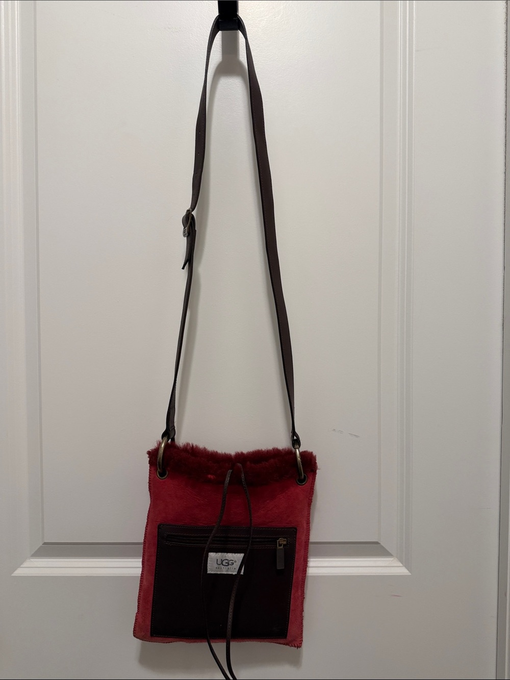 UGG Australia Ruby Red Suede Shearling Crossbody Bag with Dark Brown Trim